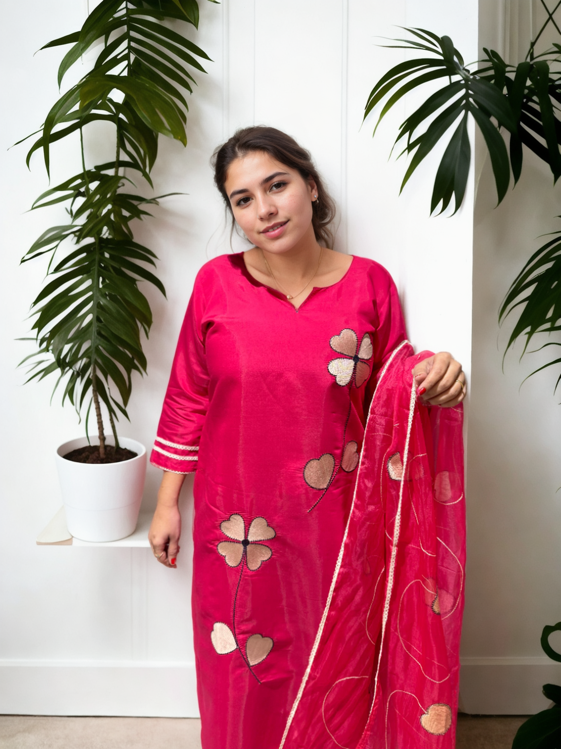 Heart Bloom Suit Set – Roman Silk with Organza Dupatta