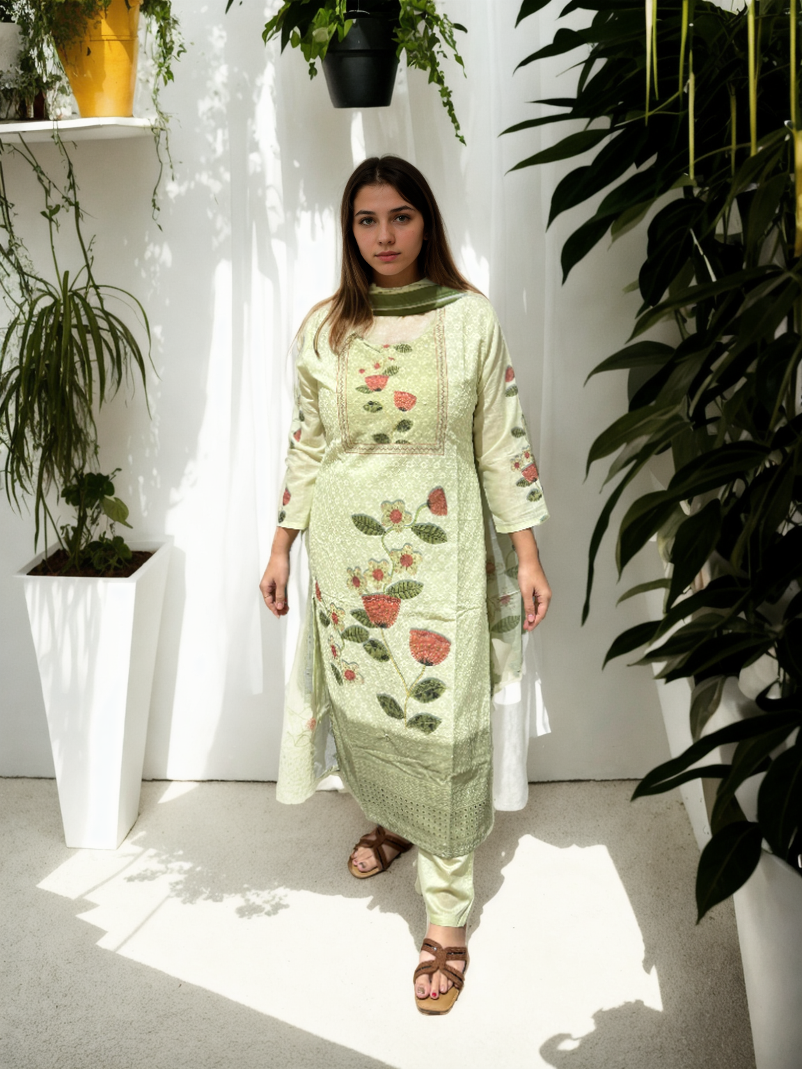 Gulbahaar Mint Cotton Suit Set with Pure Mul Lining & Pocket Pants | Signature Collection