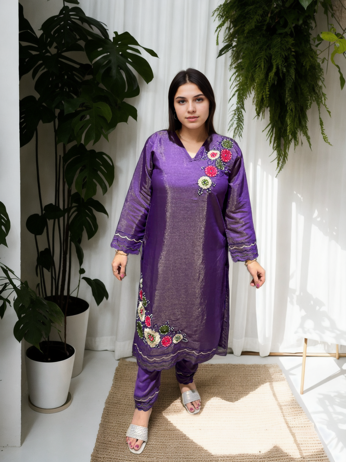 🌟 Shimmer Silk Suit with Digital Dupatta, Embroidery & Pearl Handwork – 3 Colors 🌟