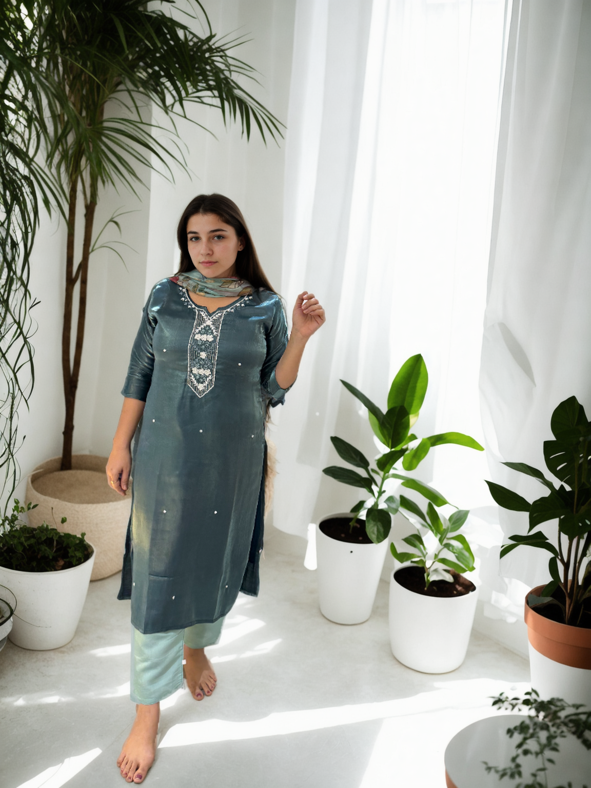 Royal Radiance: Mirror-Work Suit with Floral Digital Dupatta