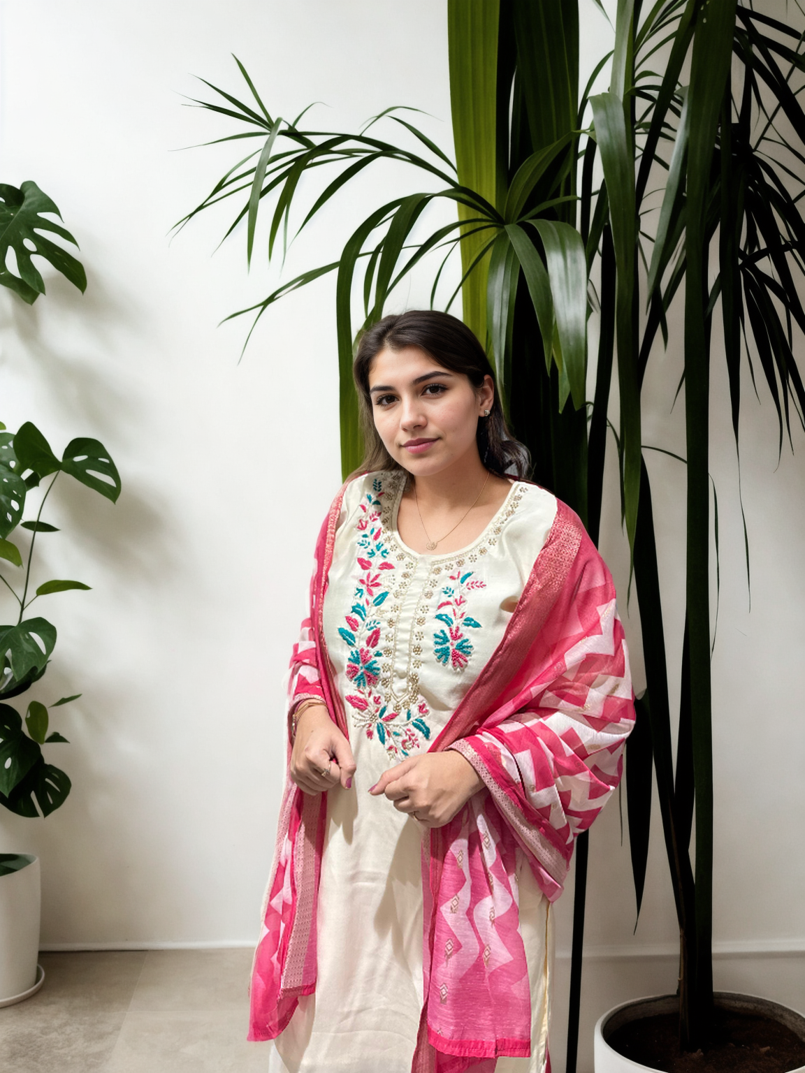 Elegant Roman Silk Suit with Hand Embroidered Neckline & Printed Chanderi Dupatta – Off White