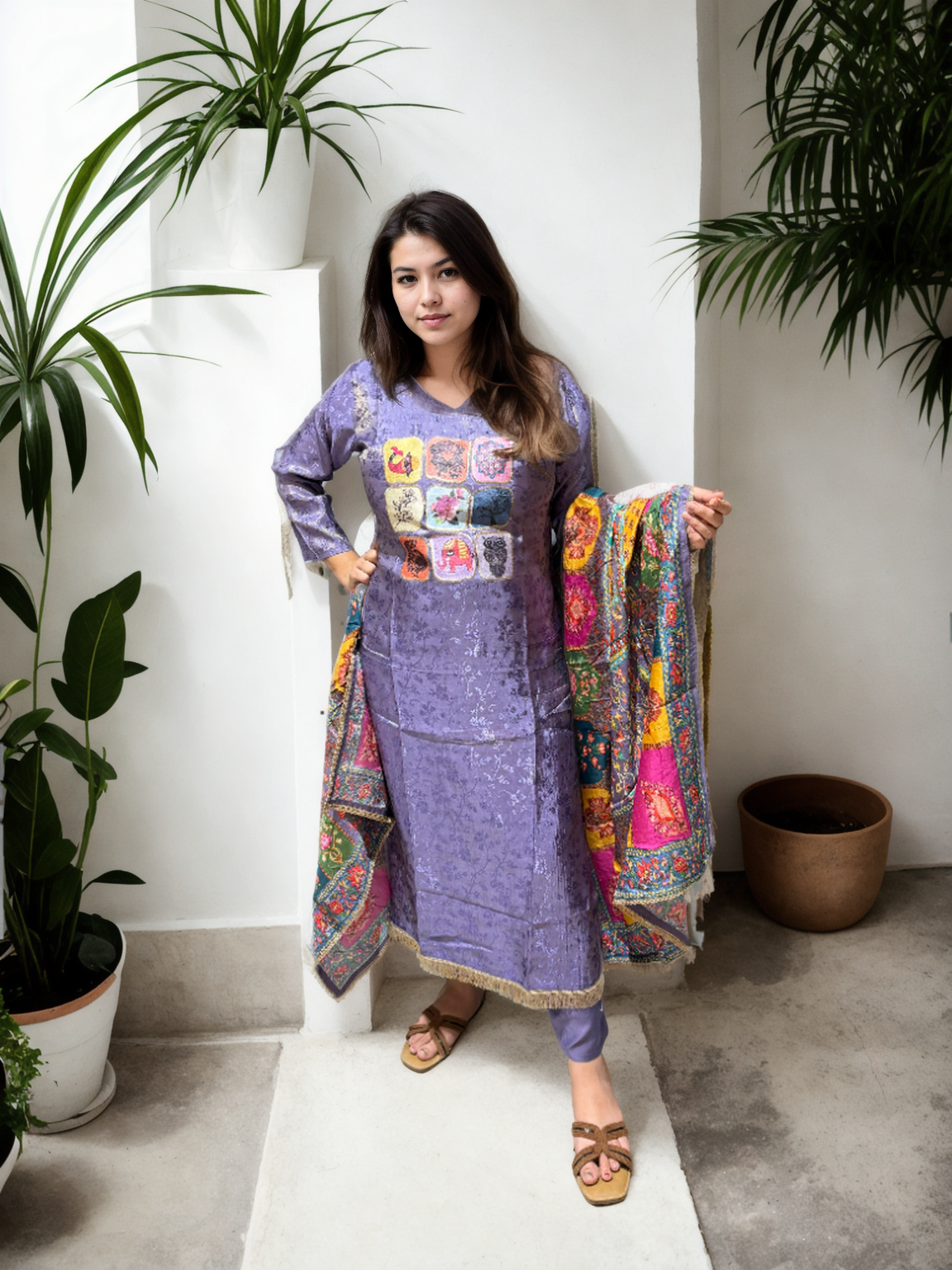 Signature Collection – Violet Jacquard Kurti Set with Digital Embroidery & Silk Dupatta