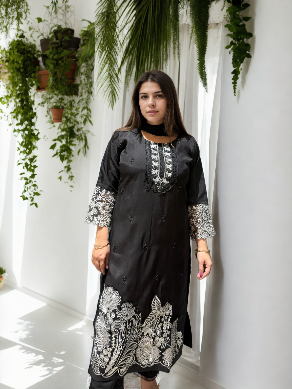 Embroidered Roman Silk Suit Set with Organza Sleeves & Cotton Naznin Dupatta – Signature Edition (5 Colors)