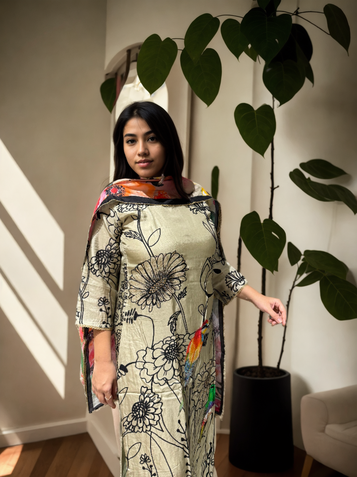 Parindey Pure Silk Suit Set with Bird Embroidery & Multicolor Dupatta | Signature Collection