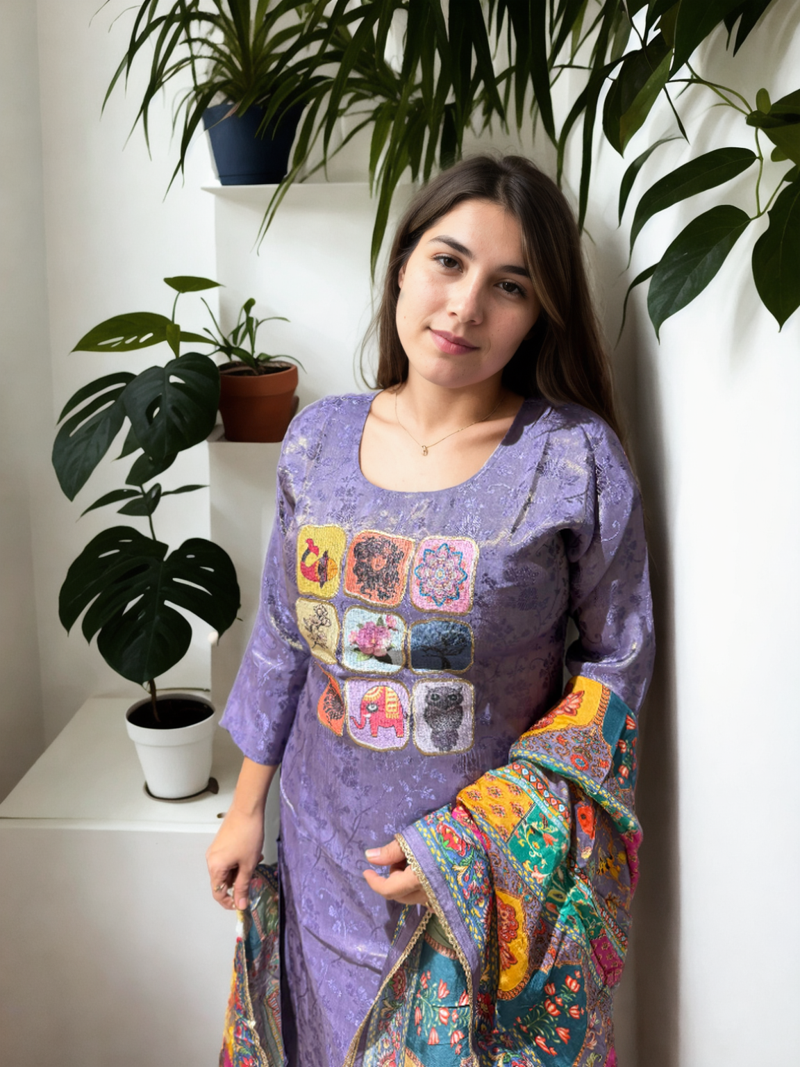 Signature Collection – Violet Jacquard Kurti Set with Digital Embroidery & Silk Dupatta