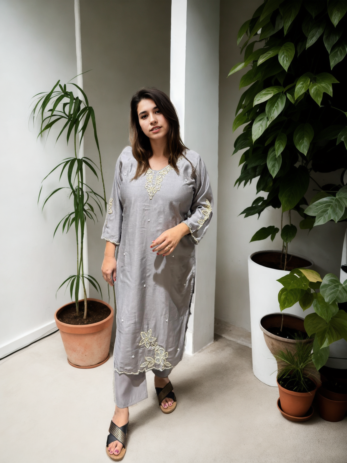 Pure Pearl Handwork Roman Silk Suit Set with Chanderi Dupatta (M-5xl)