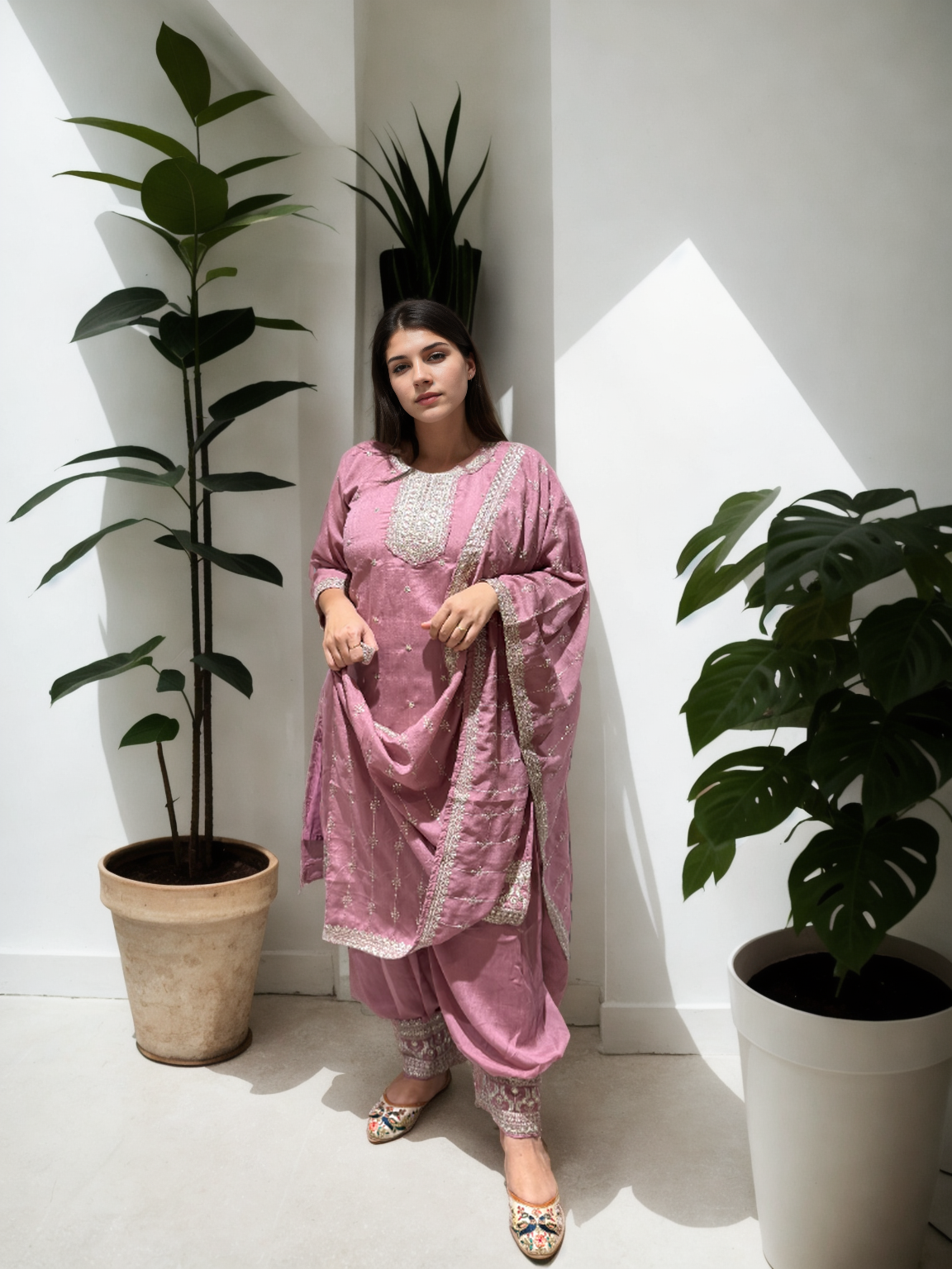 Timeless Charm: Embroidered Afghani Suit Set with Shimmer Detailing