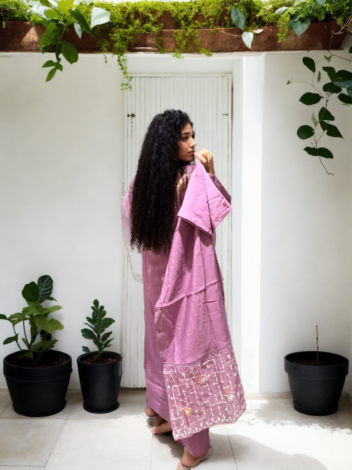 Elegant Beads Work Suit Set on Roman Silk – Available in Pink, Teal Blue & Beige