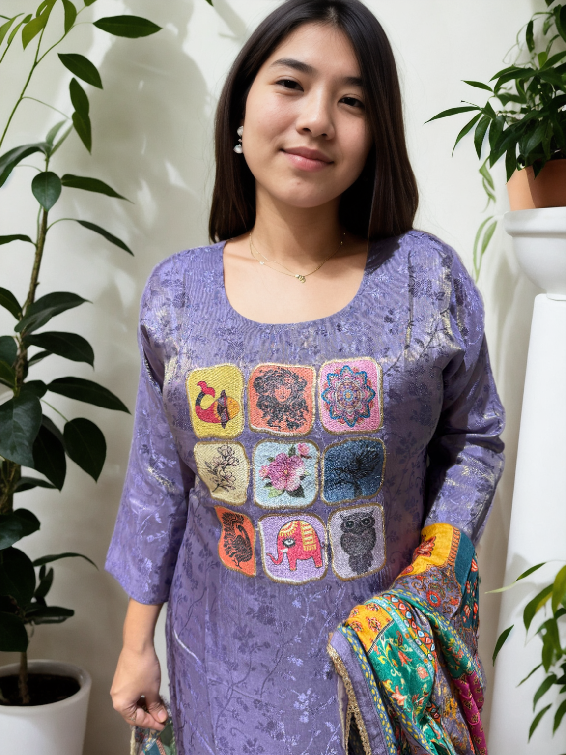 Signature Collection – Violet Jacquard Kurti Set with Digital Embroidery & Silk Dupatta