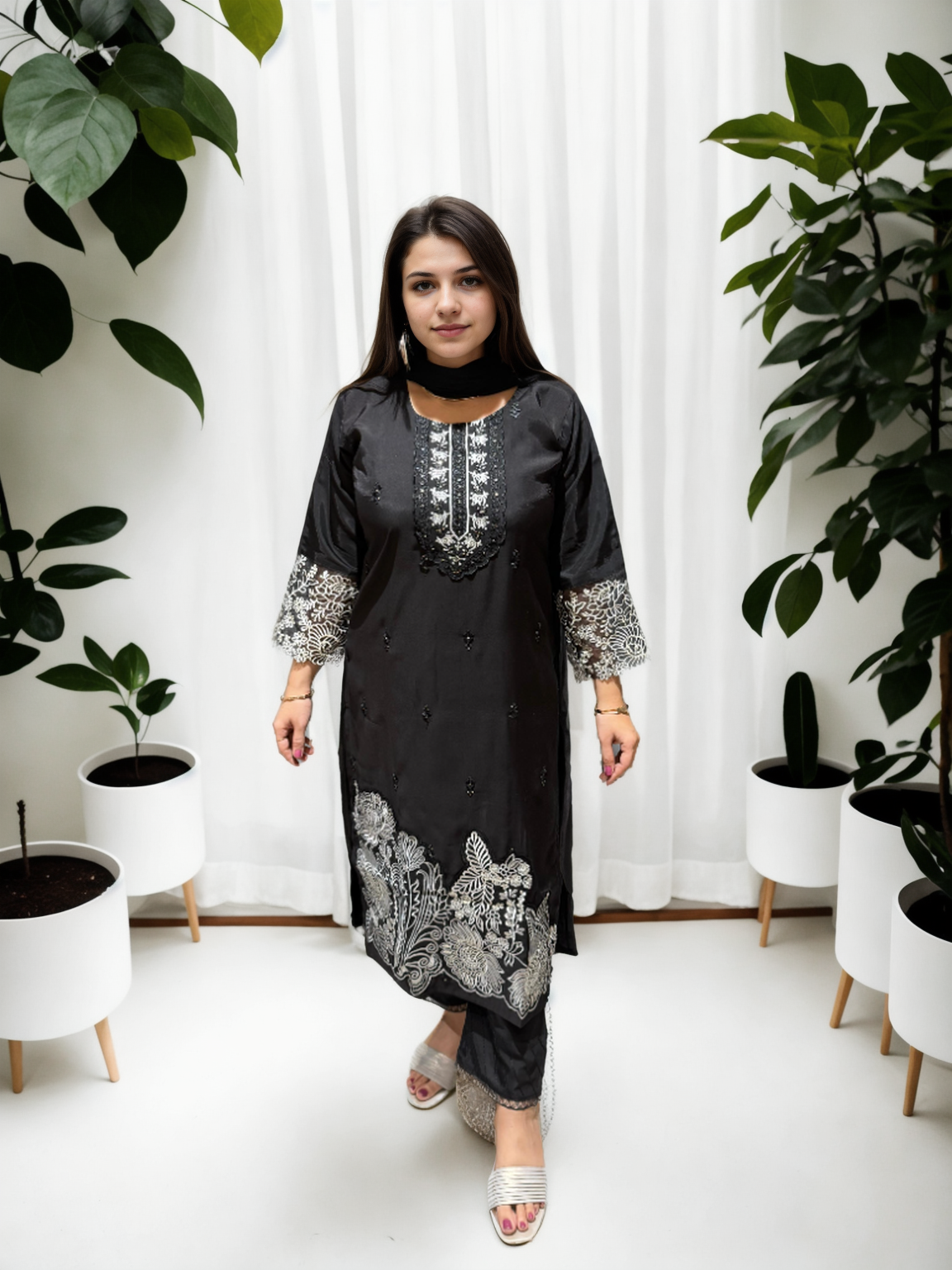 Embroidered Roman Silk Suit Set with Organza Sleeves & Cotton Naznin Dupatta – Signature Edition (5 Colors)