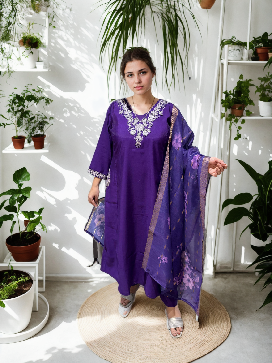 A-Line Suit Set with Chanderi Dupatta & Hand Embroidery