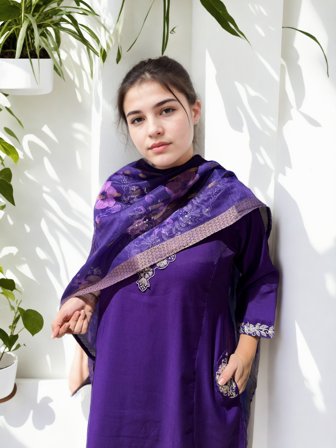 A-Line Suit Set with Chanderi Dupatta & Hand Embroidery