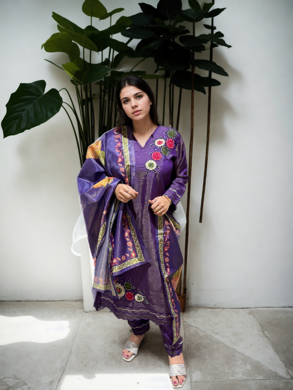 🌟 Shimmer Silk Suit with Digital Dupatta, Embroidery & Pearl Handwork – 3 Colors 🌟