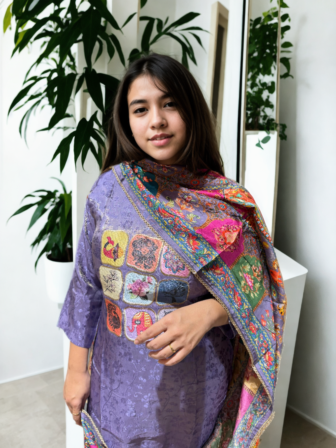 Signature Collection – Violet Jacquard Kurti Set with Digital Embroidery & Silk Dupatta