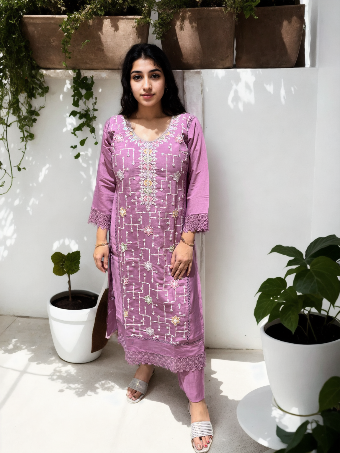 Elegant Beads Work Suit Set on Roman Silk – Available in Pink, Teal Blue & Beige