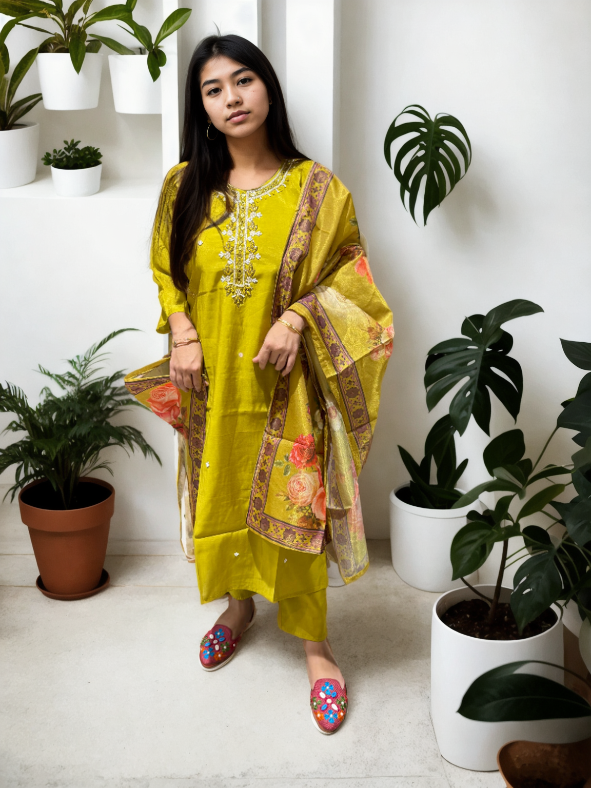 Shimmer Suit Set with Handwork & Floral Muslin Dupatta – Festive Glow