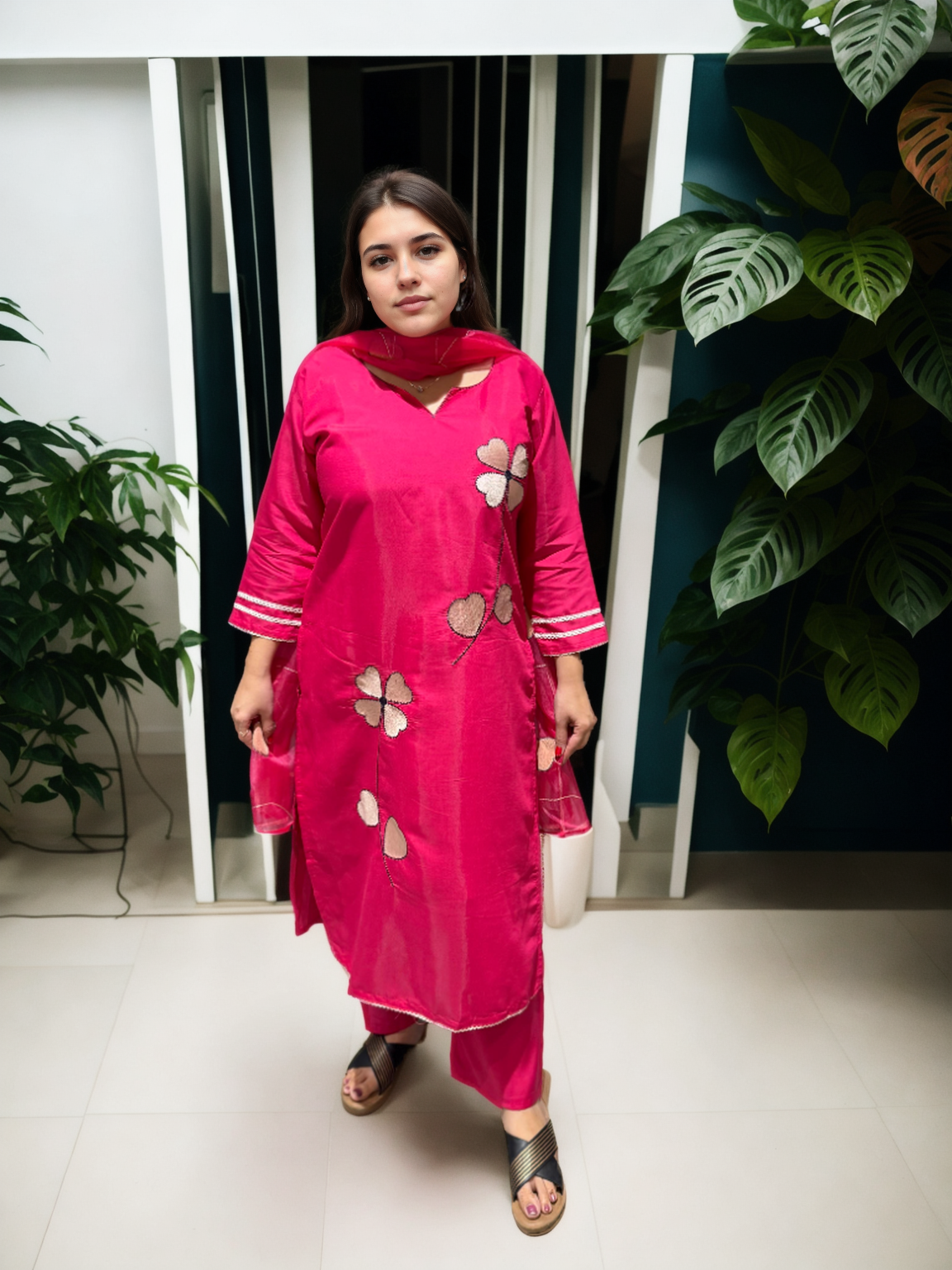 Heart Bloom Suit Set – Roman Silk with Organza Dupatta