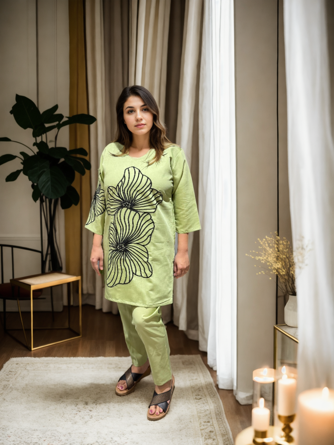 Roman Silk Coord Set with Black Floral Embroidery & American Cotton Inner