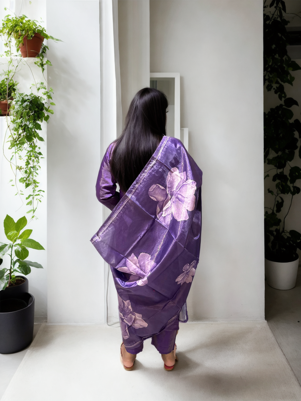 Shimmer Suit Set with Handwork & Floral Muslin Dupatta – Festive Glow