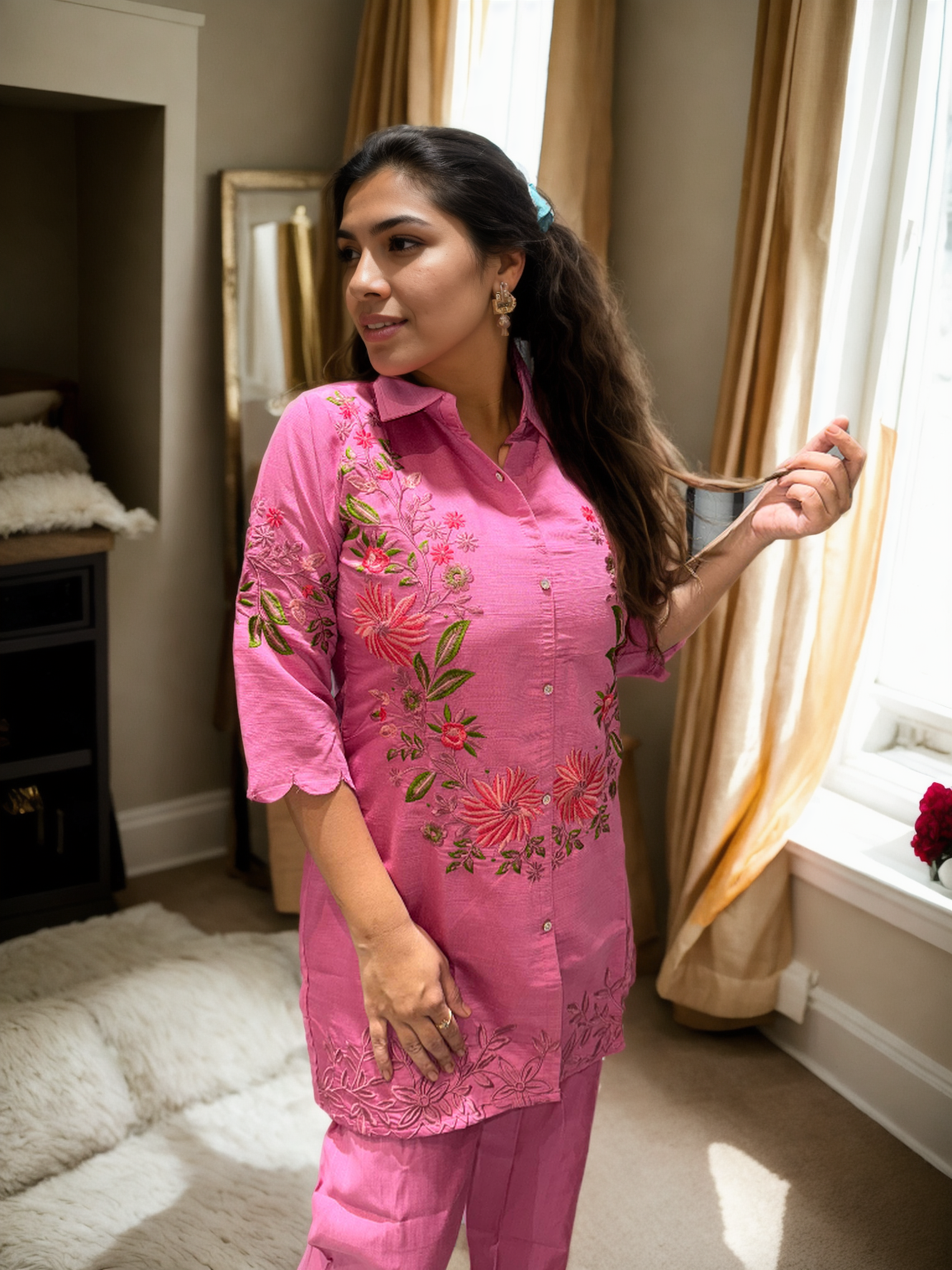 Floral Grace Embroidered Coord Set in Vatican Silk (With Inner)