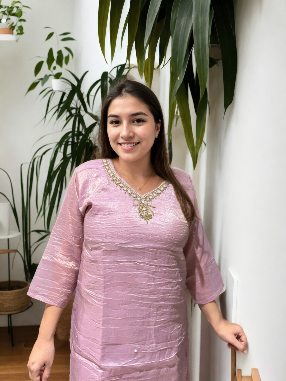 Blush Pink Crushed Fabric Coord Set with Handwork Neckline & Bootcut Pants