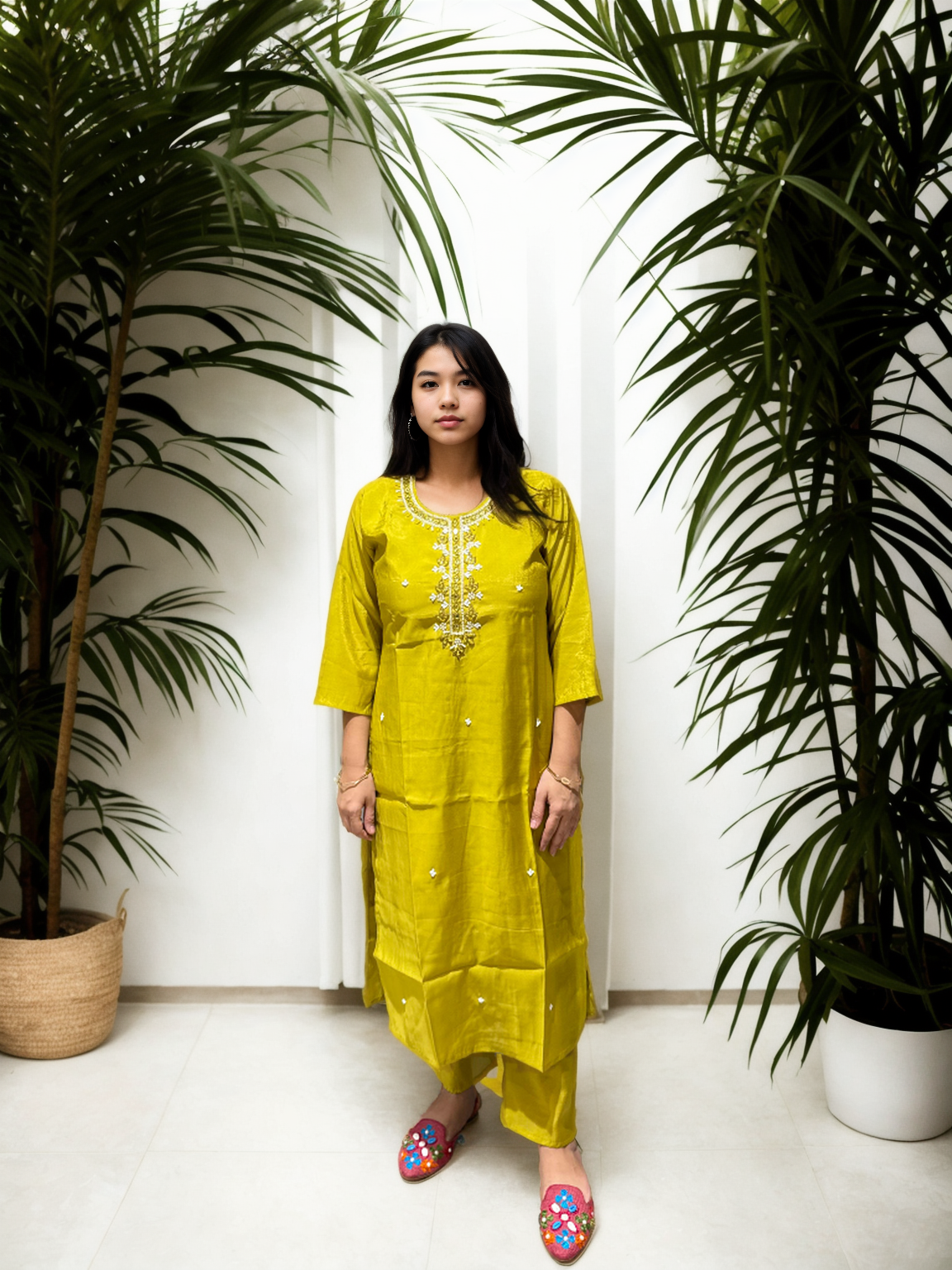 Shimmer Suit Set with Handwork & Floral Muslin Dupatta – Festive Glow