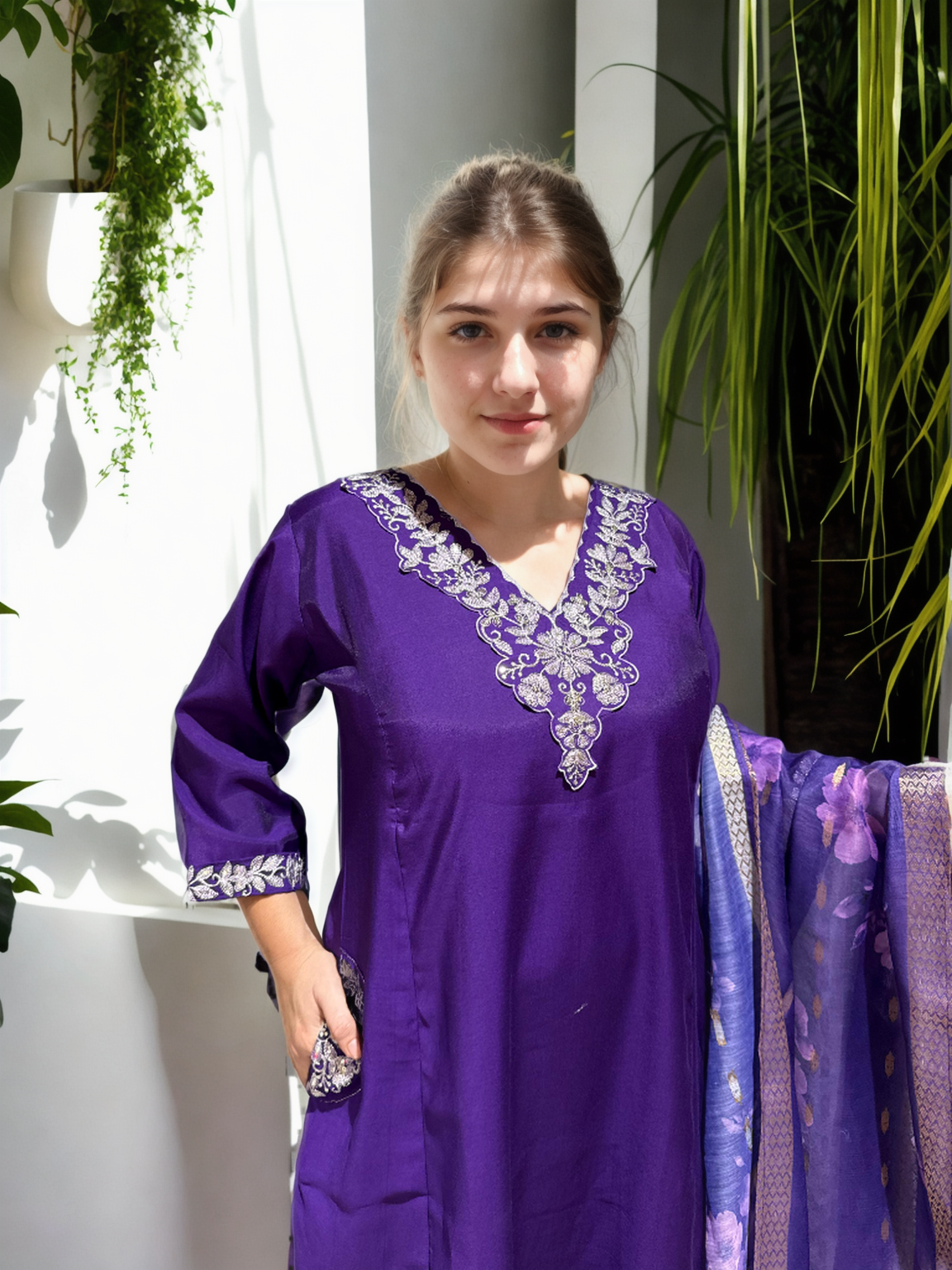 A-Line Suit Set with Chanderi Dupatta & Hand Embroidery