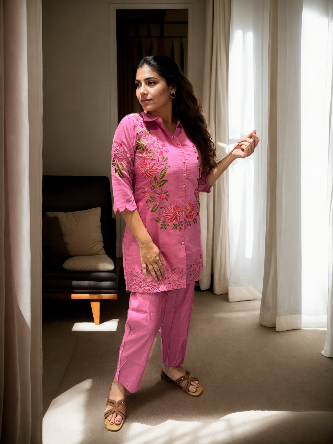 Floral Grace Embroidered Coord Set in Vatican Silk (With Inner)