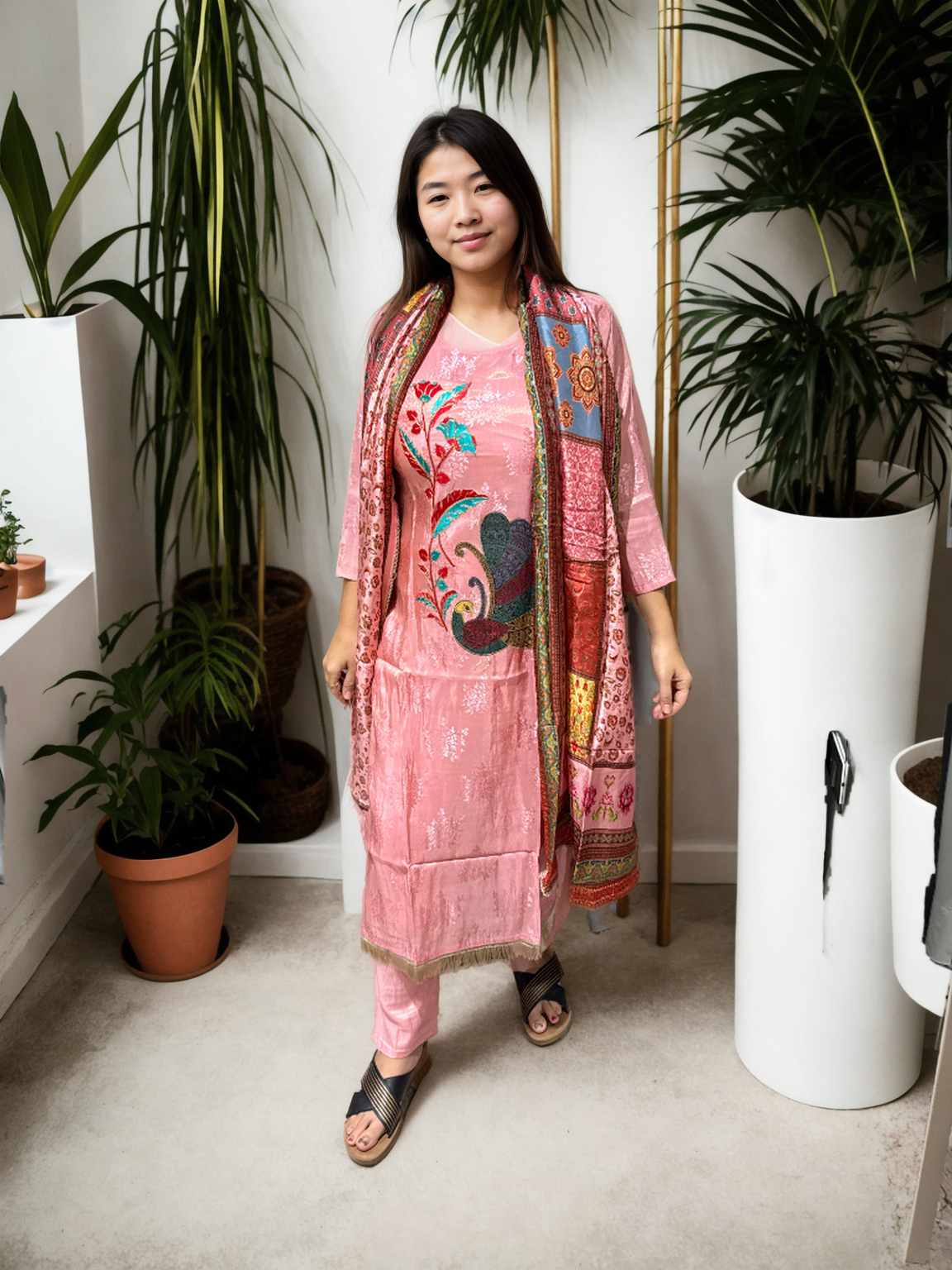 Pink Jacquard Suit with Digital Peacock Embroidery | Signature Collection