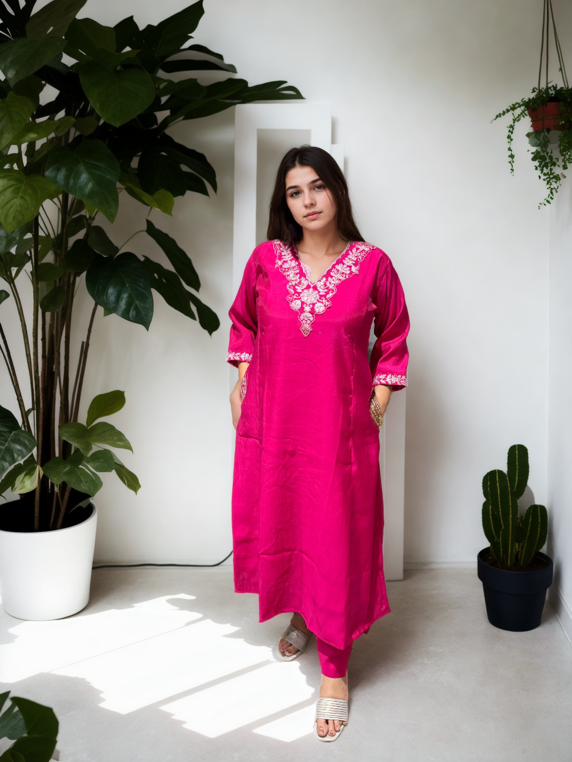 A-Line Suit Set with Chanderi Dupatta & Hand Embroidery