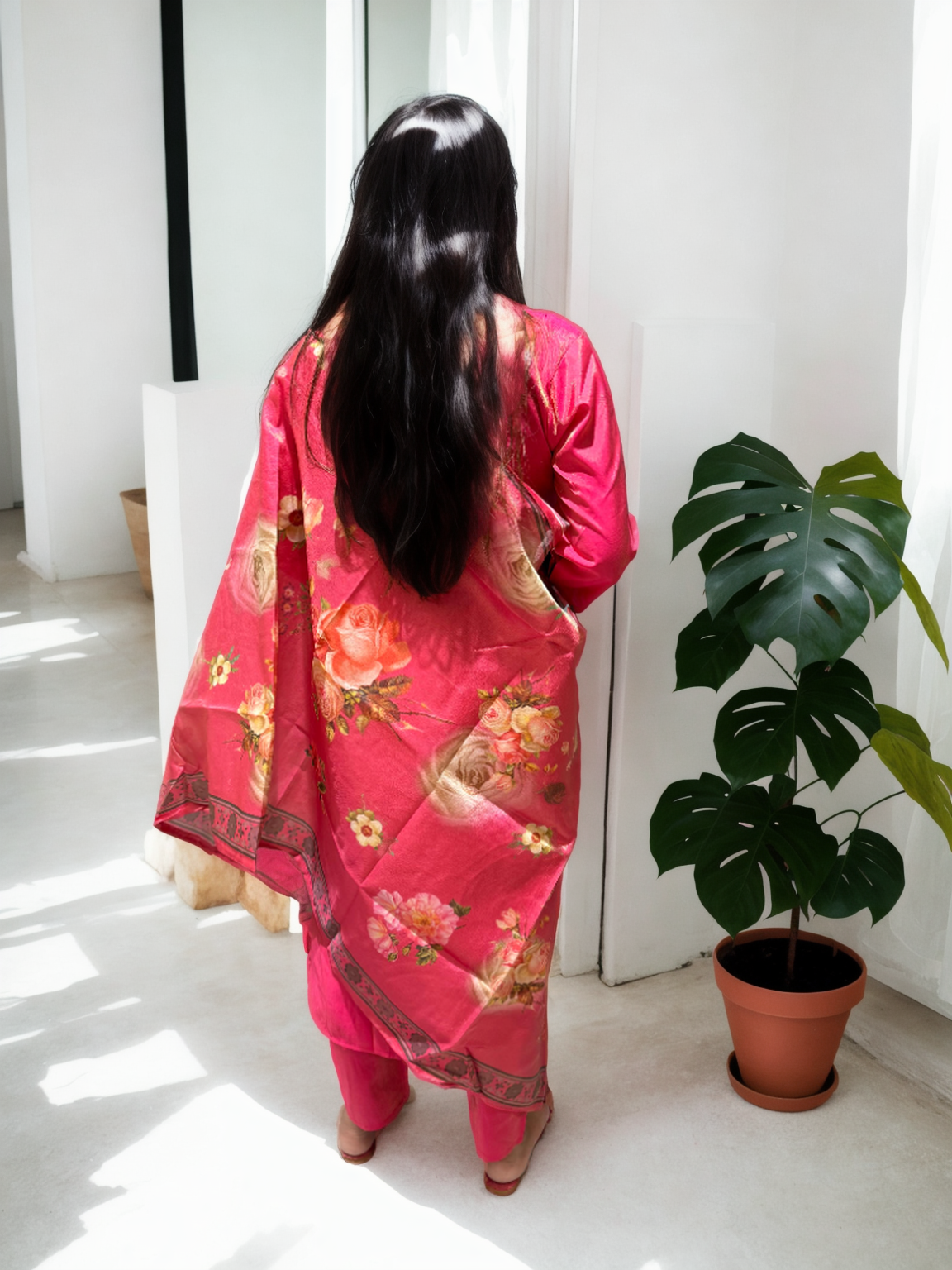 Shimmer Suit Set with Handwork & Floral Muslin Dupatta – Festive Glow
