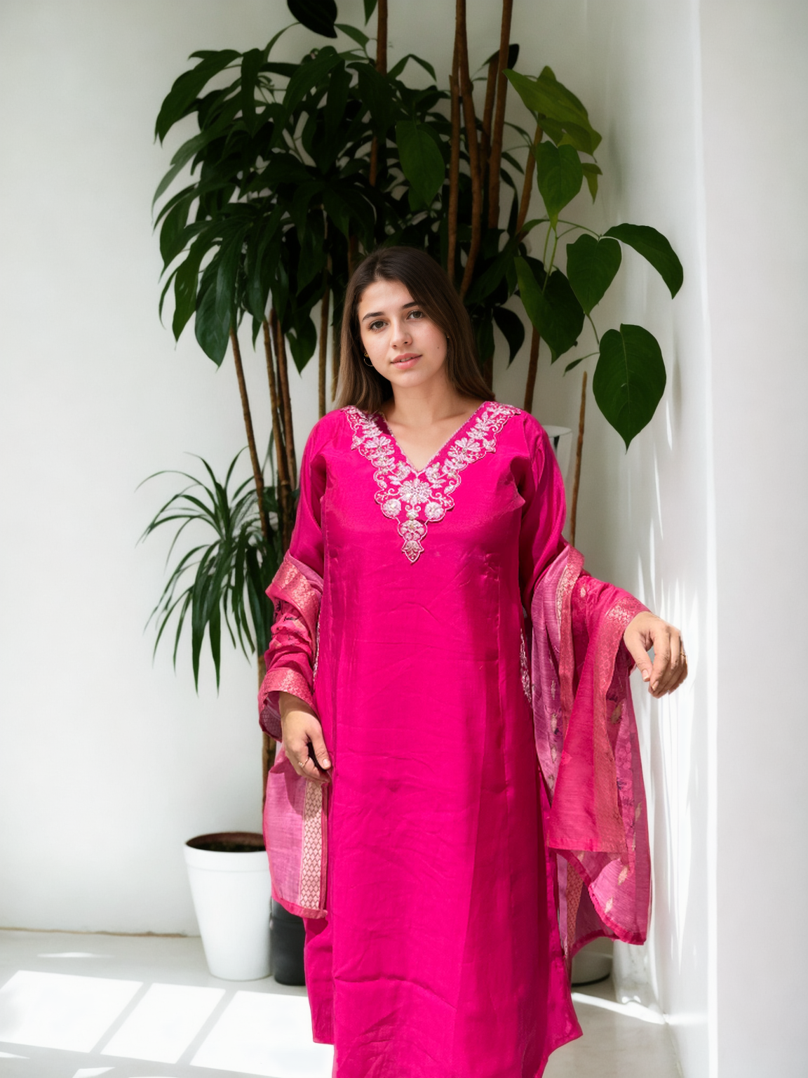 A-Line Suit Set with Chanderi Dupatta & Hand Embroidery