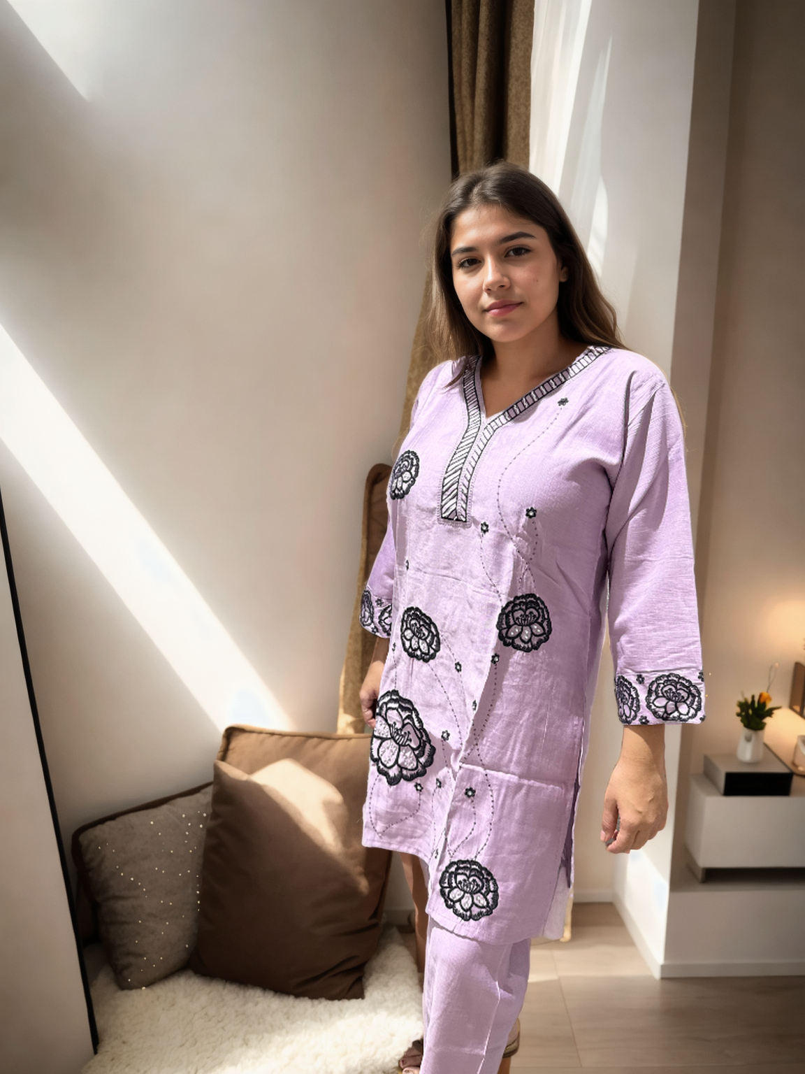 Zoya Bloom Embroidered Coord Set – Veticaan Fabric (Lilac Petal & Mist Blue)