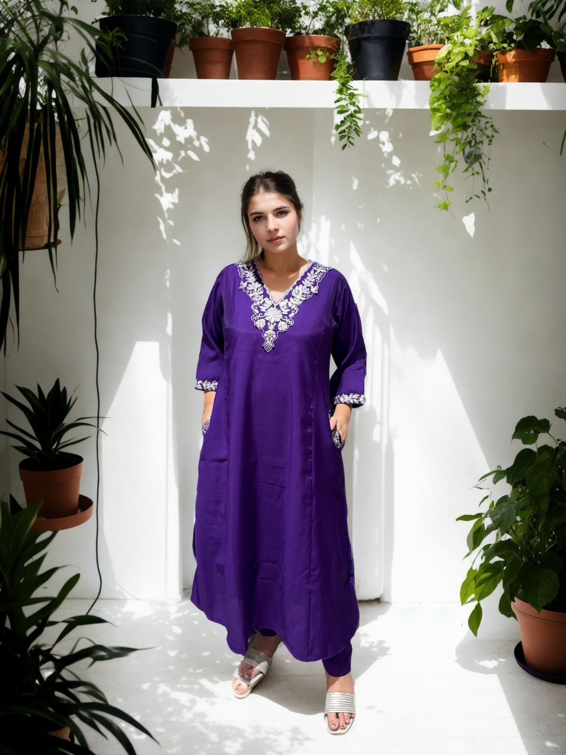 A-Line Suit Set with Chanderi Dupatta & Hand Embroidery