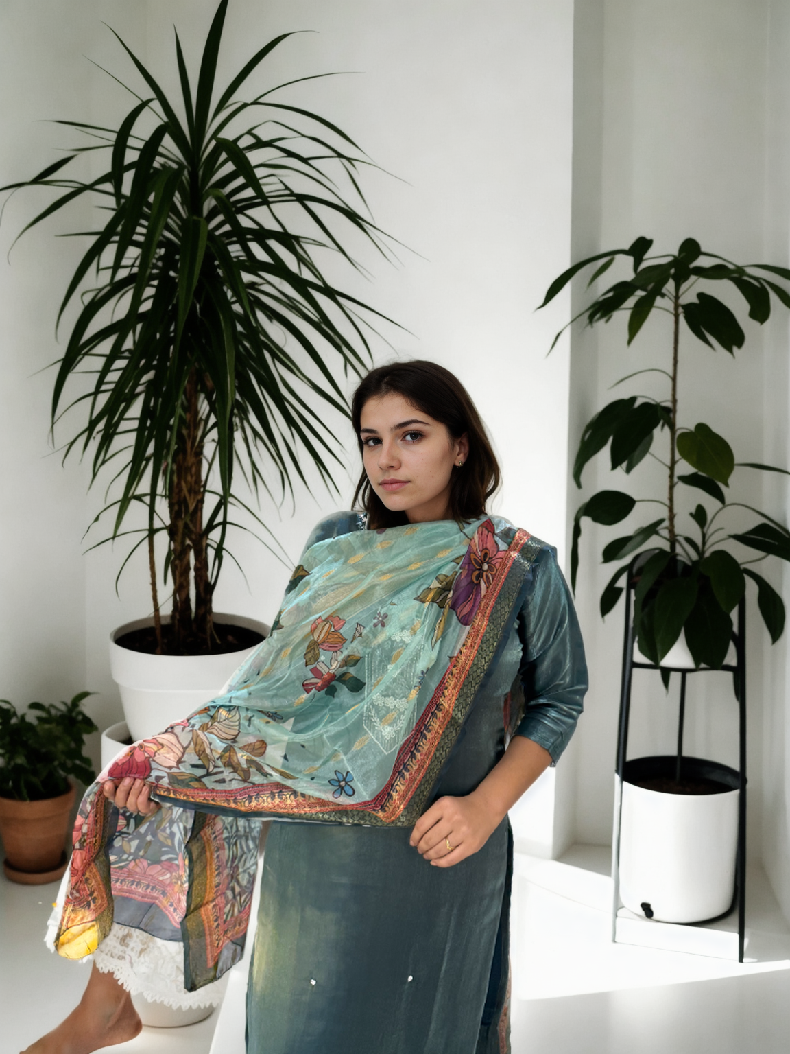 Royal Radiance: Mirror-Work Suit with Floral Digital Dupatta