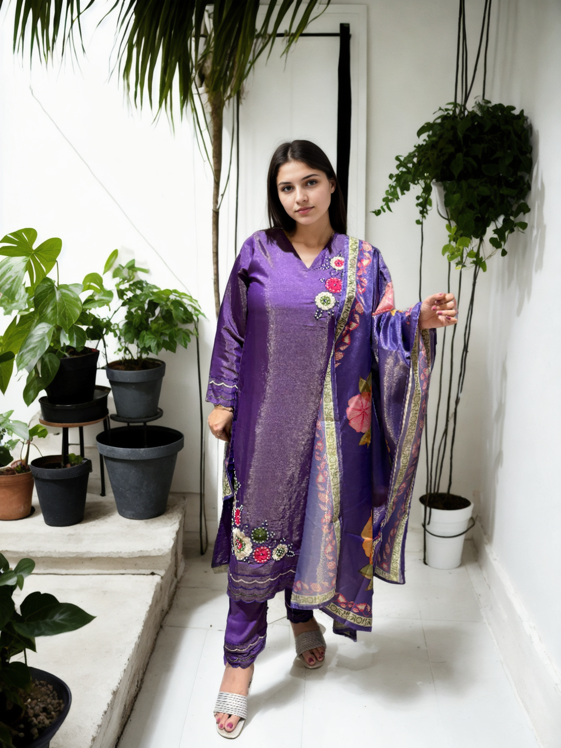 🌟 Shimmer Silk Suit with Digital Dupatta, Embroidery & Pearl Handwork – 3 Colors 🌟